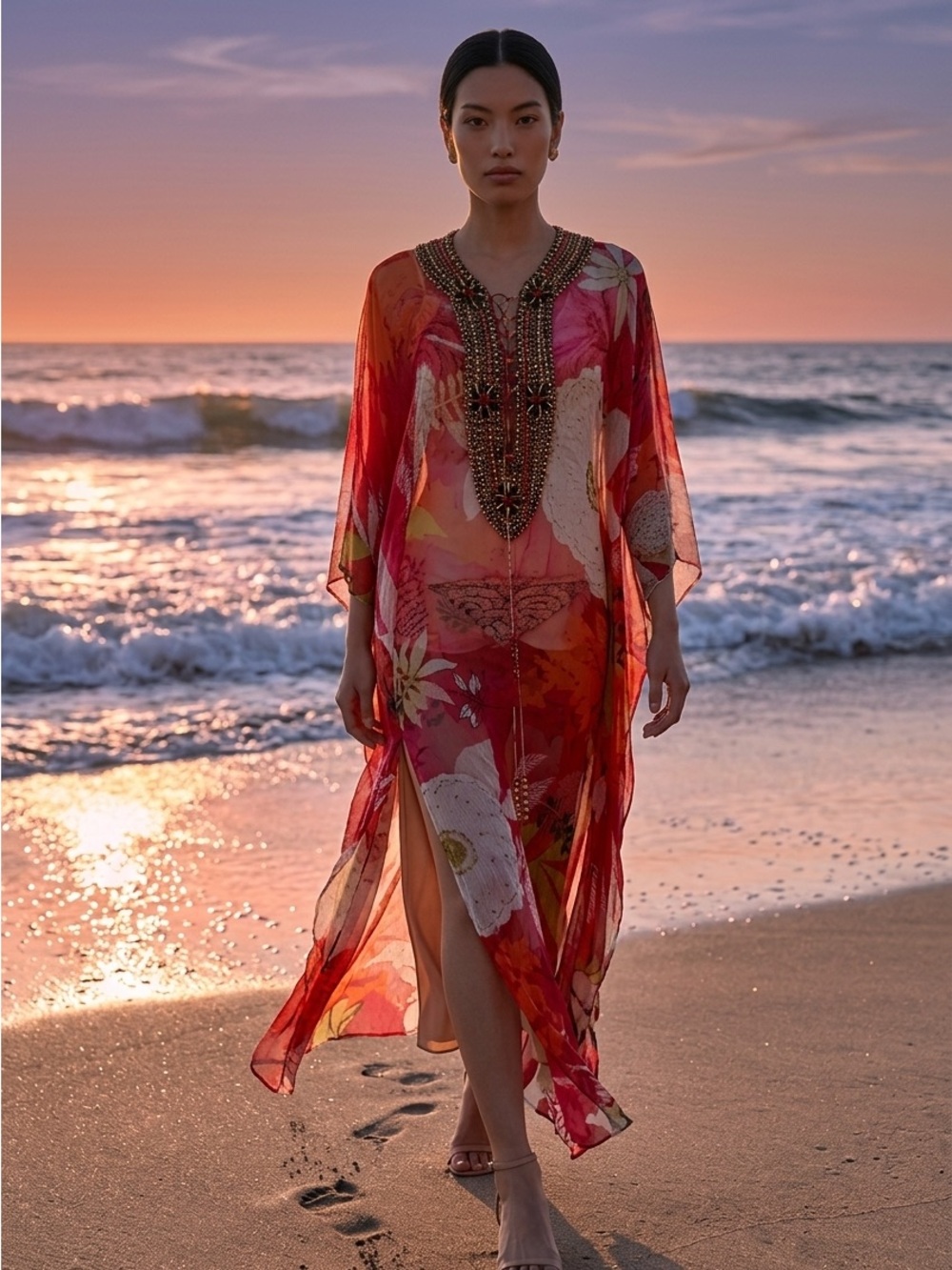 Monique Leshman Red Floral Embellished Sheer Kaftan Cover-Up